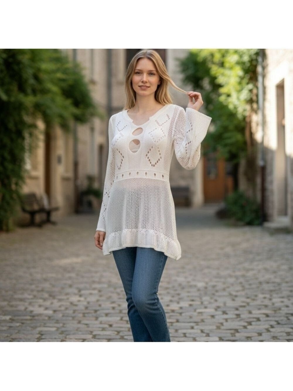 Lightweight Crochet Knit Tunic Sweater Coverup - White One Size